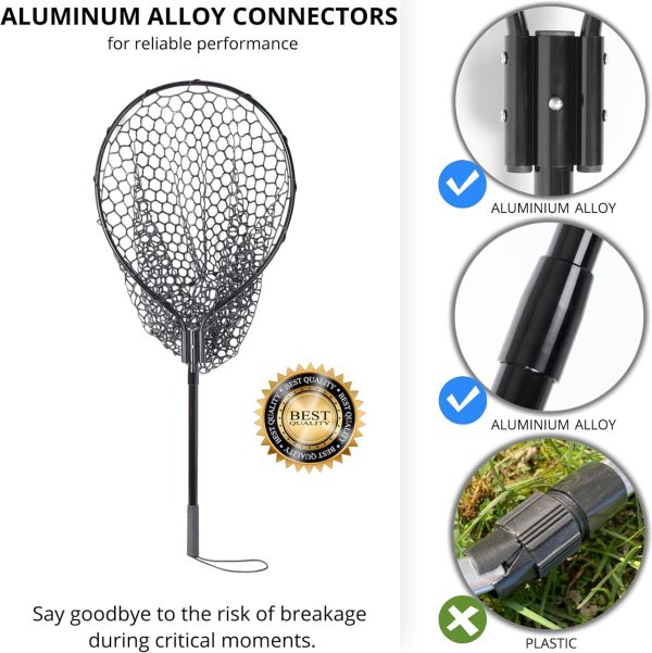 High Strength Large Landing Net - Fishing Net with Telescoping Handle and Soft Rubber Netting, Kayak/Fly Fishing Net - Length: 60″, Depth: 19.5″, Hoop: 23″ x 18″, Suitable for 1 & 2 Handed Use - Image 2