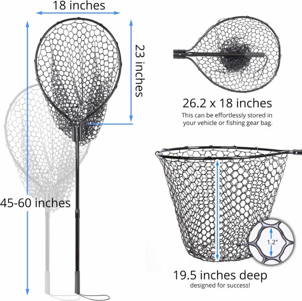 High Strength Large Landing Net - Fishing Net with Telescoping Handle and Soft Rubber Netting, Kayak/Fly Fishing Net - Length: 60″, Depth: 19.5″, Hoop: 23″ x 18″, Suitable for 1 & 2 Handed Use - Image 4