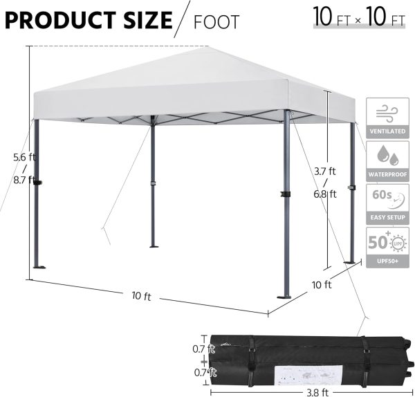 Yaheetech 10x10 1-Person Setup Pop Up Canopy Tent, Instant Portable Commercial Canopy Tent, Outdoor Gazebo with 1-Button Push, Wheeled Bag & 4 Sandbags for Home, Party & Outdoor, Silver-Coated White - Image 3